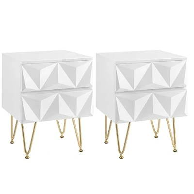 Immagine di EUGAD Set di 2 Comodino per Camera da Letto, Bianco con Cassetti e Gambe Dorate, 40x40x53cm, Tavolino Salotto, Divano, Cameretta, Frontale in Rilievo, Legno Metallo, 0001CTG