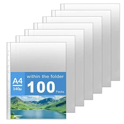 Immagine di ZOOQUE 100 Buste Trasparenti in Plastica di Polipropilene,Buste Perforate Standard 7 Fori A4 Portadocumenti per la Protezione Carta,Atti e Documenti (A4)