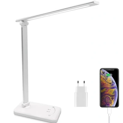 Immagine di Qualore Lampada da Scrivania, Tavolo LED Pieghevole con 5 Livelli di Luminosità, Modalità Colore, Timer 30/60min, Protezione Agli Occhi, Funzione Memoria, Porta Ricarica USB