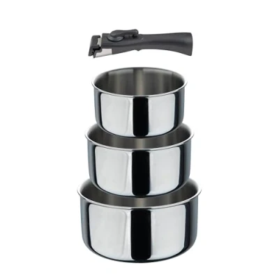 Immagine di BERGNER CLICK&amp;COOK Set 4 pezzi casseruole salvaspazio con manico rimovibile in acciaio inox nero antiaderente ILAG Essential brillante per tutte le cucine