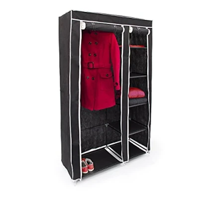 Immagine di Relaxdays Armadio di Stoffa con Asta Attaccapanni, 5 Scomparti, Guardaroba Pieghevole, Rivestimento in Tessuto, Nero, 1 pz
