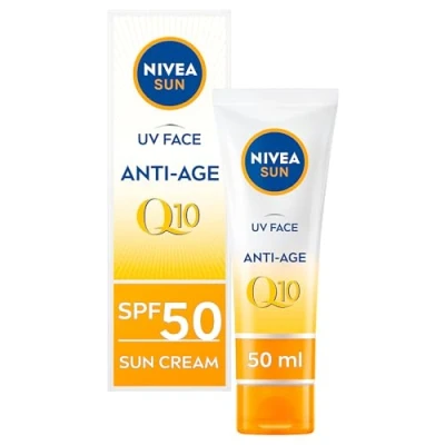 Immagine di NIVEA UV Face SPF50 Q10 Antietà 0% Residuo bianco (50 ml), crema solare viso Q10, anti età con SPF50, confezione può variare