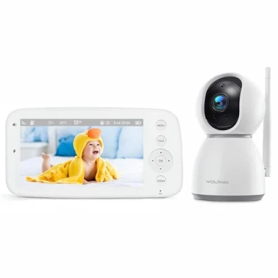 Immagine di WOLFANG Baby Monitor Video e Audio, 5 pollici 720P Schermo, 360 1080P Telecamera con Visione Notturna Zoom, Conversazione Bidirezionale, Temperatura, Rilevamento del Pianto, Portata di 1000 Piedi