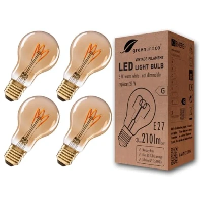 Immagine di greenandco 4x Lampadina a filamento LED Vintage E27 A60 3W (equivalente 21W) 210lm 2000K (bianco caldo) 360 230V AC Vetro, nessun sfarfallio, non dimmerabile