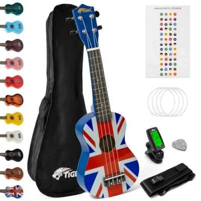 Immagine di TIGER UKEKIT UK Set ukulele soprano per principianti include accordatore cromatico, tracolla, custodia, adesivi note da tastiera, plettro in feltro, muta corde di ricambio UK, Aquila