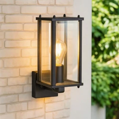Immagine di CGC Lighting applique da parete esterna lanterna in vetro smussato portico interno (nero 3)