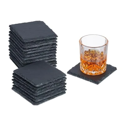 Immagine di Relaxdays Sottobicchieri in Ardesia, Set da 20, Poggia Bicchieri, Sottobottiglia 10x10 cm, Accessori Bar, Antracite