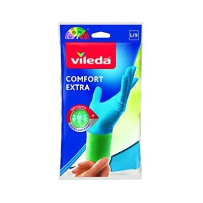 Immagine di Vileda Comfort Extra, guanti casalinghi confortevoli, in lattice, design ergonomico, molto assorbente, rivestimento interno Plus, tre misure: S M L, confezione da 1 pz