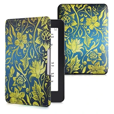 Immagine di kwmobile Custodia eReader Compatibile con Amazon Kindle Paperwhite Cover eBook Reader Flip Case giallo/blu/blu scuro Arazzo Barocco Oro