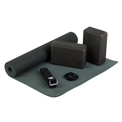 Immagine di Bodhi set completo di base per yoga composto da: 1 tappetino da in TPE, 2 trucchi Eva (gomma espanso) e cinghia cotone principianti (nero)