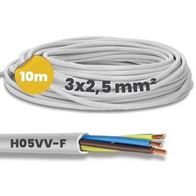 Immagine di Kalitec H05VV F Tubo flessibile da 10 metri, 3 x 2,5 mm², 3G2,5 mm2, con conduttore di protezione, cavo in PVC per interni, elettrico bianco, lampada, flessibile, dispositivo a