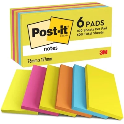 Immagine di Post it Foglietti, Collezione Energetic, Confezione da 6 blocchetti, 100 Fogli/blocco, 76mm x 127mm, Colori Giallo, Azzurro, Arancio, Rosa, Verde Foglietti Adesivi per Appunti, Elenchi &amp; Promemoria
