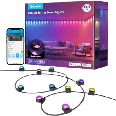 Immagine di Govee Smart RGBIC lampada da parete a LED per interni, compatibile con Alexa, WiFi feste, musica Sync, dimmerabile, soggiorno, decorazione natalizia, colore nero,