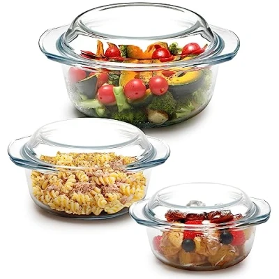 Immagine di pirofila rotonda in vetro con coperchio, ad alta resistenza, teglia coperchio (set 1+1.4+1.7L)
