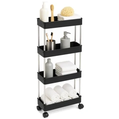 Immagine di BAKAJI Carrello Carrellino Slim Stretto Sottile Salvaspazio Cucina Bagno Ripostiglio con Ripiani e 4 Ruote, Scaffale Portaoggetti Multiuso Rotelle Nero (4 Ripiani)