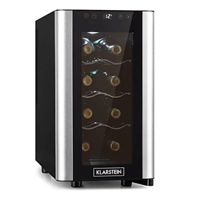 Immagine di KLARSTEIN Reserva Slim Uno Frigorifero Vini, Cantinetta, Temperatura: 11 18 C, Silenzioso: 26 dB, 3 Ripiani in Metallo, Luce LED, Protezione da UV, 23 L/8 Bottiglie, Nero