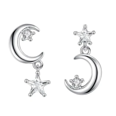 Immagine di Belons Orecchini da donna in argento Sterling 925 con zirconia cubica a forma di stella e luna, pendenti per donne ragazze