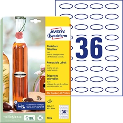 Immagine di AVERY Zweckform 360 etichette autoadesive per bottiglie (40 x 20 mm, ovali, ideali barattoli di conserve, spezie, liquori, fai da te in cucina, art. 5086, 10 fogli bianchi