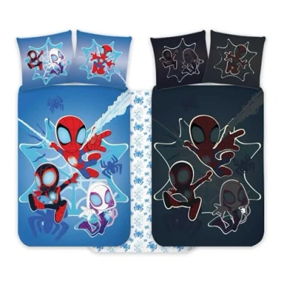 Immagine di Spidey set di biancheria da letto per bambini, 100 x 135 cm + federa 40 60 cm, 100% cotone, fosforescente perfetto motivo Spiderman, morbido e reversibile