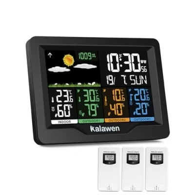 Immagine di Kalawen Stazione Meteo Meterologica Digitale con 3 Sensore Esterno Wireless Automatica Schermo LCD Display Sveglia Tempo Data Temperatura Umidità Previsioni