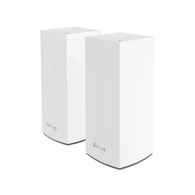 Immagine di Linksys Velop MX8400 Sistema WiFi 6 mesh Tri Band (AX4200), router WLAN con 525 m² di copertura e velocità 3,5 volte più rapide per 80 dispositivi Confezione da 2, bianco