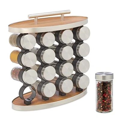 Immagine di Relaxdays Portaspezie da Cucina, 16 Barattoli in Vetro, Inserto Spargispezie, Manico, HLP: 29x28x12 cm, Argento Natura, 40% Acciaio Inossidabile 30% Fibra di Legno