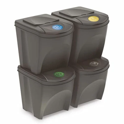 Immagine di Sortibox Pattumiera con coperchio, 25 l, set da 4 pezzi, grigio pietra, impilabile, sistema di separazione dei rifiuti, separatore per impilabile patta