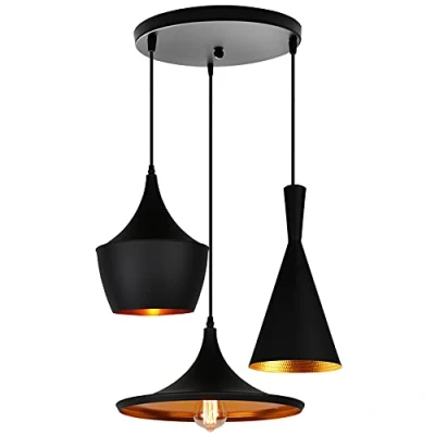 Immagine di Lampada a Sospensione Moderno Industriale da Soffitto E27 Vintage Illuminazione Plafoniera Paralume in Alluminio 60W Design Camera letto Cucina, Nero&amp;Oro (3 3 lampade con un basso tondo)