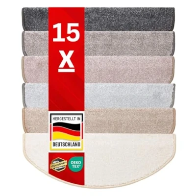 Immagine di casa pura Tappetini per gradini interni, 15 pezzi, autoadesivi e antiscivolo, con morbido pelo scale semicircolari beige 65 x 23,5 1,3 cm (Sundae)