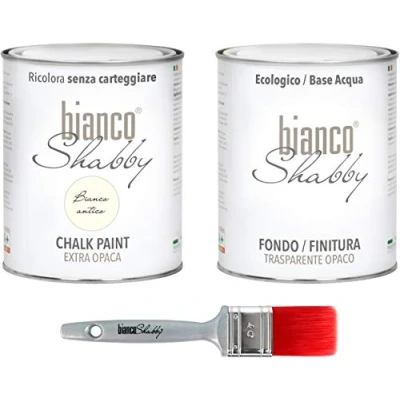 Immagine di CHALK PAINT Bianco Antico &amp; Finitura + Pennello Pittura Shabby Chic EXTRA OPACA (1 Litro) Trasparente Opaco 1 Pro 40 mm