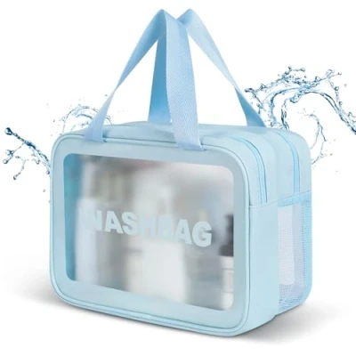 Immagine di AiQInu Borse da Toilette Trasparente, Trousse Trucchi Donna con Separazione Secco e Umido, Grande Pochette Impermeabile PVC Toiletry Bag Viaggio per Donne Uomini