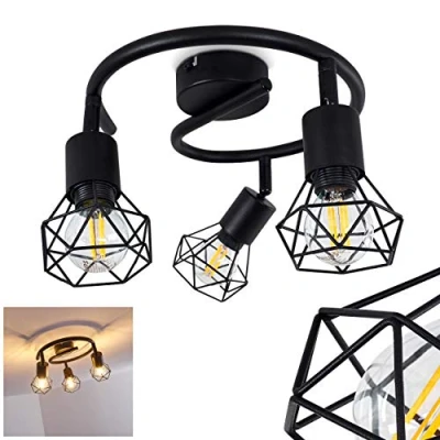 Immagine di lampada da soffitto Baripada, regolabile in metallo nero, 3 luci, x attacco E14, faretto dal design retrò/vintage stile reticolo con effetto luce sul soffitto, senza lampadina/e