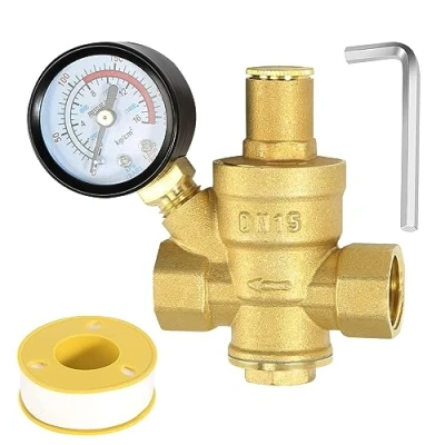 Immagine di Regolatore di Pressione Acqua 1/2 pollice DN15 con Manometro 100% in Ottone ad Alta Durezza, Riduttore Valvola Riduzione Della