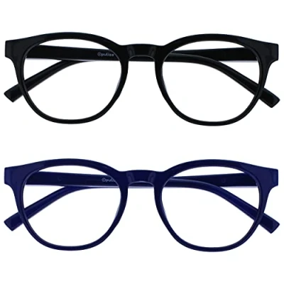 Immagine di OPULIZE Blu Lesebrille Blaulichtfilter 2er Pack Cool Rund Rahmen Federscharniere Verbessern Den Schlaf Computer Gaming Entspiegelt Schwarz Blau Herren Damen BB5 13 +3.50
