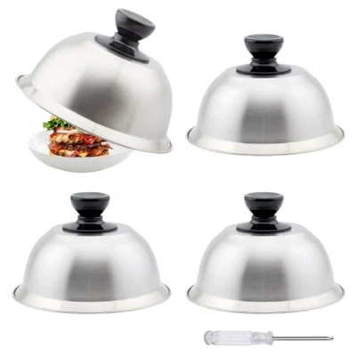 Immagine di Cappa per Hamburger in Acciaio 4 Pezzi, Cloche 16 x 10 cm, Cappe Hamburger, Campana Inox con Mini Cacciavite, Grigliare, Formaggio,