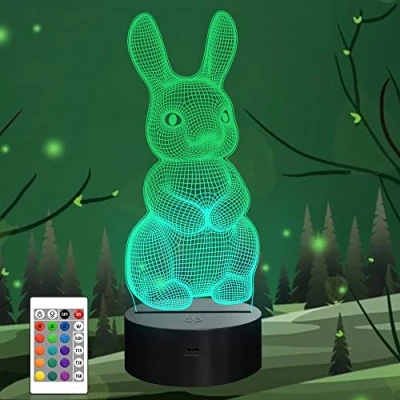 Immagine di 3D Illusione Ottica Led Lampada di Illuminazione Luce Notturna, CooPark Coniglio da Tavolo 16 Colori con Acrilico Caricatore USB per Comodino Bambini Cameretta Casa Festa
