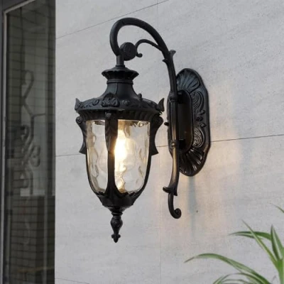 Immagine di Applique Da Esterno,Lanterna Parete Lampada Impermeabile In Alluminio E Vetro Giardino Retrò Luci Esterno Arredamento Rustico E27 Per Casa Porta Di Scale Nero