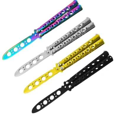 Immagine di Sporgo 4 pezzi Butterfly Trainer: coltello a farfalla per esercitare, lama saffilata, pettine farfalla, in acciaio inox coltelli da allenamento (nero, argento, colore+oro) (3)