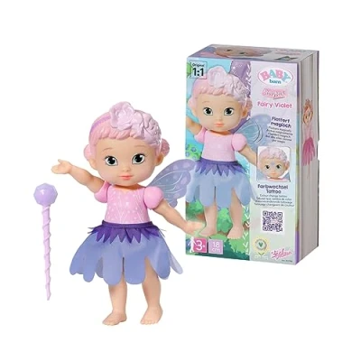 Immagine di Baby Born Storybook Fairy Violet 18cm doll with fluttering wings Includes Doll, Wand, Stand, Backdrop and Picture Booklet Suitable for children aged 3+ years 833780