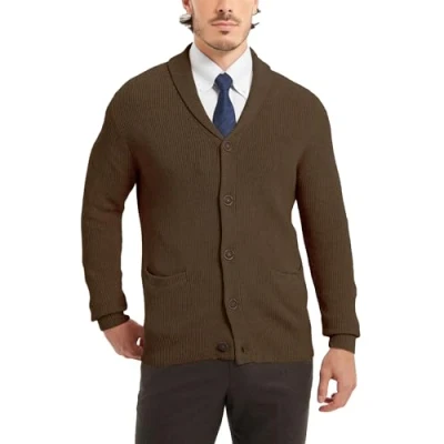 Immagine di Kallspin Maglione da Uomo Cardigan con Collo a Scialle Bottone e Tasche in Lana(Marrone Scuro, L)