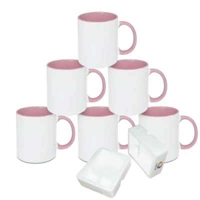 Immagine di MR.R Set di 6 tazze da caffè vuote per sublimazione, 325 ml, tazza bianca con interno e manico colore rosa