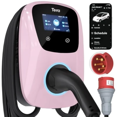 Immagine di Tera Caricatore EV Smart APP: 32 A tipo 2 22 kW o 11 casa stazione di ricarica 400 V CE &amp; TÜV Wallbox 7 m cavo con supporto caricabatterie, controllo app CEE 3 fasi spina per tutti i