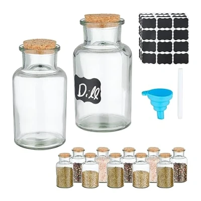 Immagine di Relaxdays Barattoli Spezie, Set di 12 Vasetti in Vetro 250 ml, Contenitori con Tappo Sughero, Etichette e Imbuto