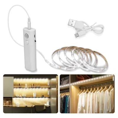 Immagine di LUXJET® ricaricabile 2M corda leggera, luce guardaroba LED notturna con sensore di movimento per corridoio armadio da bagno cucina (2M, bianco freddo)