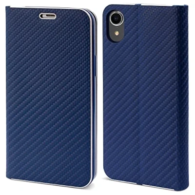 Immagine di Moozy Custodia a Libro per iPhone XR, Carbonio Blu scuro Protezione dei Bordi Metallici Flip Cover Portafoglio con Appoggio e Porta Carte