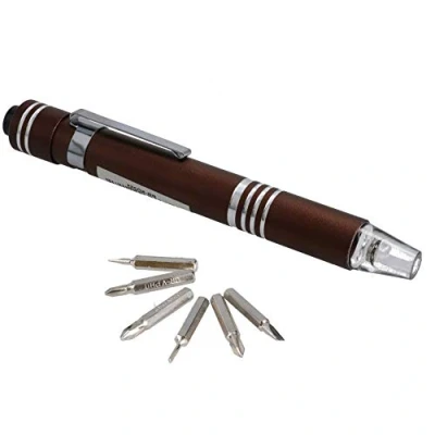 Immagine di 6 in 1 cacciavite di precisione a LED penna tascabile magnetica con intaglio Phillips marrone