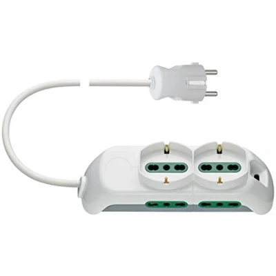 Immagine di VIMAR FP00520.CK.B Presa mobile multipla con 2 uscite SICURY universali, 4 Bpresa standard italiano, cavo da 1,5 m, spina 2P+T 16 A schuko, bianco