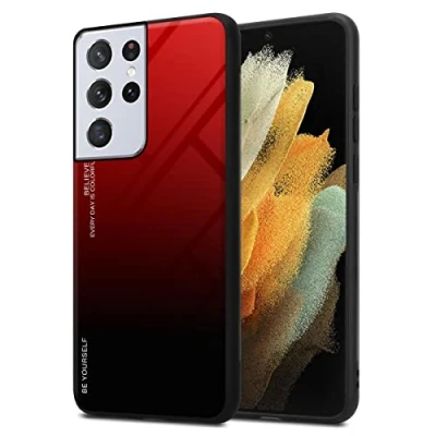 Immagine di Cadorabo Custodia compatibile con Samsung Galaxy S21 ULTRA in ROSSO NERO Coperchio protettivo bicolore silicone TPU e retro vetro temperato