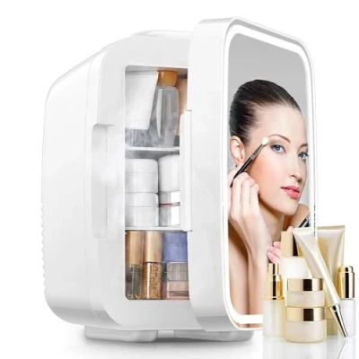 Immagine di FOHERE Mini frigorifero con luce a LED, 220 V AC, per bevande, piccolo Skincare Fridge, funzione di raffreddamento/riscaldamento dormire e soggiorno, ufficio, scrivania, bianco