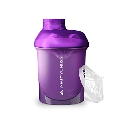 Immagine di AMITYUNION Protein Shaker Purple White Deluxe 400 ml proteico a prova di perdite Senza BPA con setaccio e scala per frullati cremosi proteine ​​del siero latte in polvere